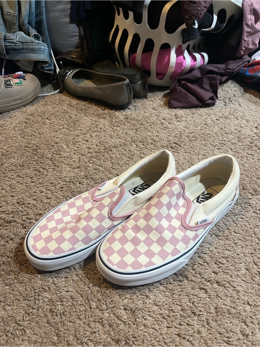 Vans Women Slip-On Checkerboard Sneakers - Pink & White